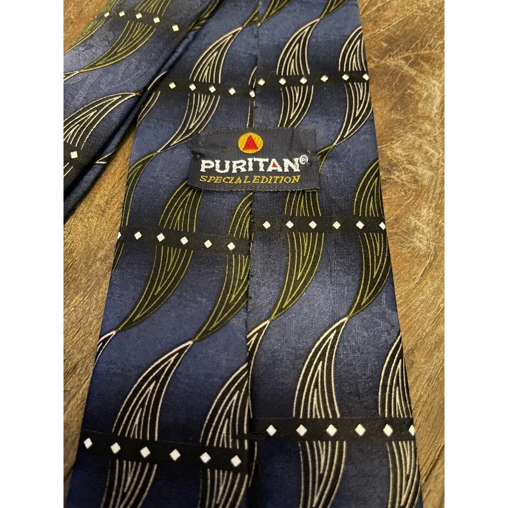 Puritan Special Edition Men's Necktie-Blue & Green Geometric Wave Pattern-U.S.A.